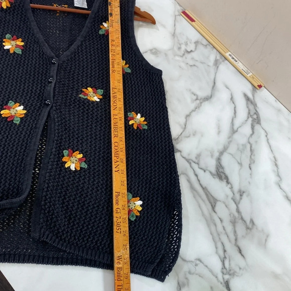 Vintage Cardigan Vest Womens LP Black Floral Grandma Ramie Cotton Knit 80s - Picture 12 of 13